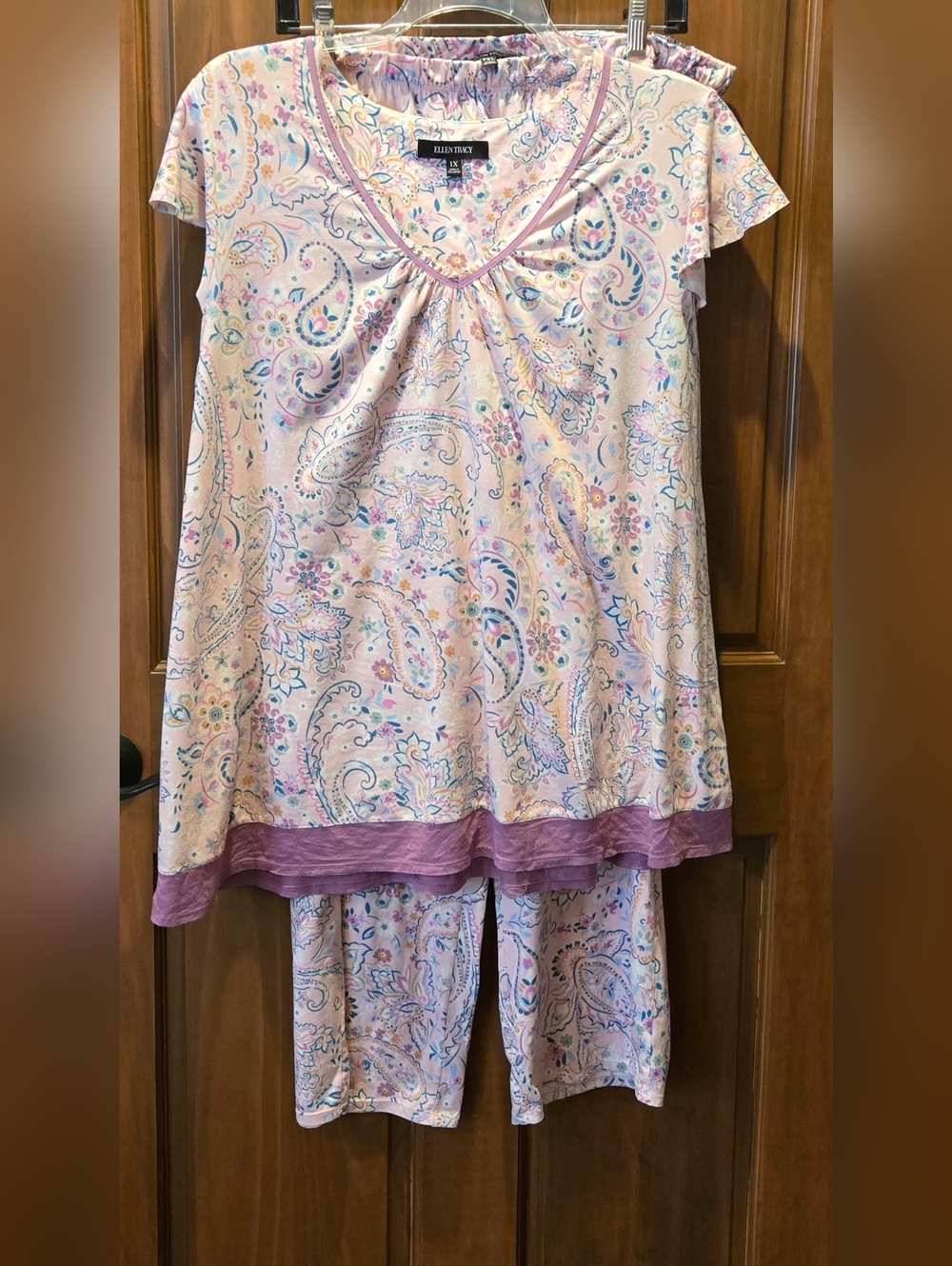 Ellen Tracy Pink Paisley Short-Sleeve Pajama Set with Lavender Trim